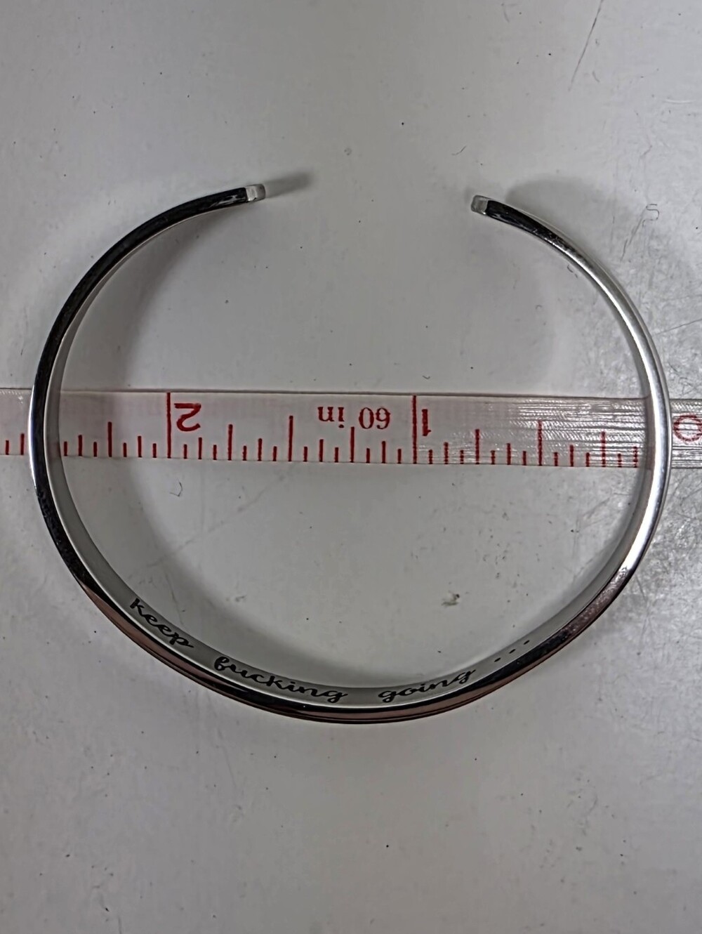 Stainless Steel Silver Open Cuff Bracelet - "Keep Fing On"